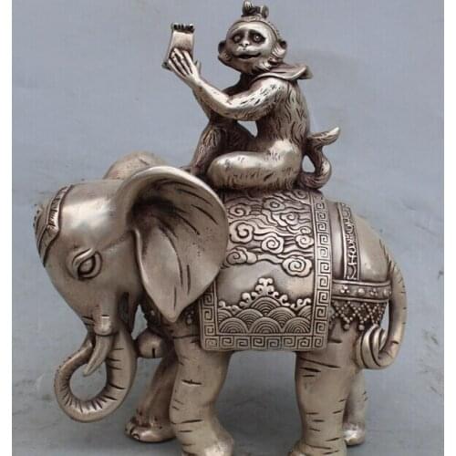 8" Chinese Silver Carved Animal Monkey King Hold Seal On Elephant Buddha Statue R0707