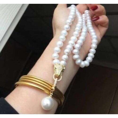 AAA 9-10 MM NATURAL WHITE PEARL NECKLACE LENGTH 30" +HUGE PENDANT