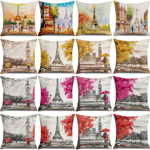 Watercolor Printing Maple Leaf Eiffel Tower Pillow Case Back Cushion Cover Pillow Case Car Sofa Cushion Cover
