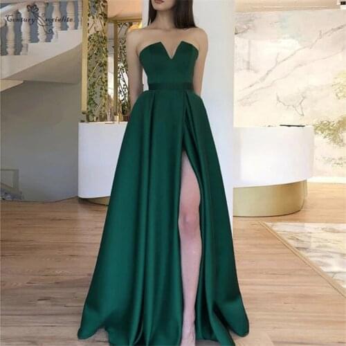 Satin Simple Evening Dresses Long High Split Sweetheart Lace Up Pocket A-line Prom Dress Formal Party Gowns Robe De Soiree Cheap