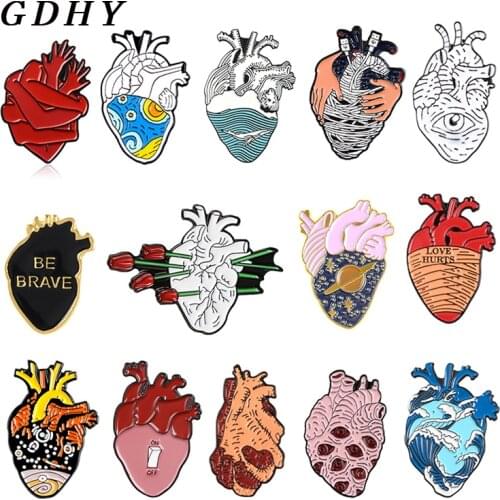 GDHY Heart Organ Series Pins Brooch Medical Anatomical Heart Enamel Pin Starry Heart Brave Cats Blood Hug Brooches Badge Jewelry