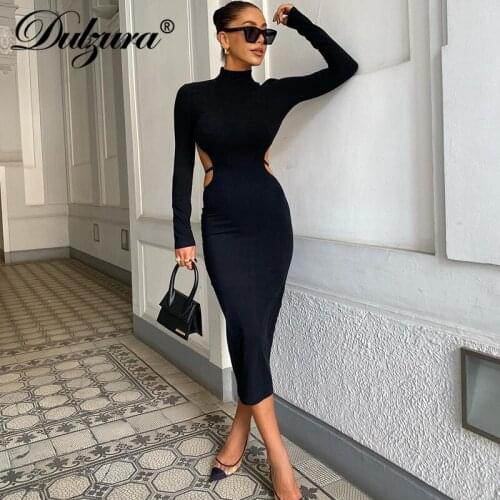 Dulzura 2021 Autumn Winter Women Black Long Sleeve Hollow Out Backless Midi Dress Slit Bodycon Sexy Streetwear Party Elegant
