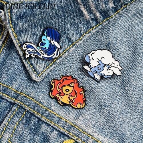 Ocean Wave Water Cloud Fire Girl Enamel Pins Fire Power Lapel Pin Magic Badges Witch Jewelry Women Brooches Jewelry