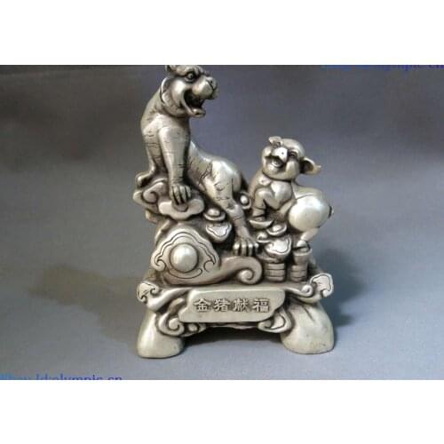 China silver carved Feng Shui lucky riche and honour tiger pig sculpture Statue