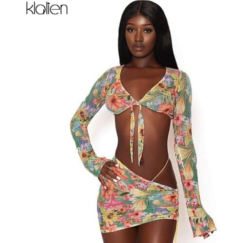 KLALIEN Fashion Sexy V Neck Low Chest Bandage Top and Mini Skirt Two Piece Set Women Spring Summer Casual Beach Print Skirt Set