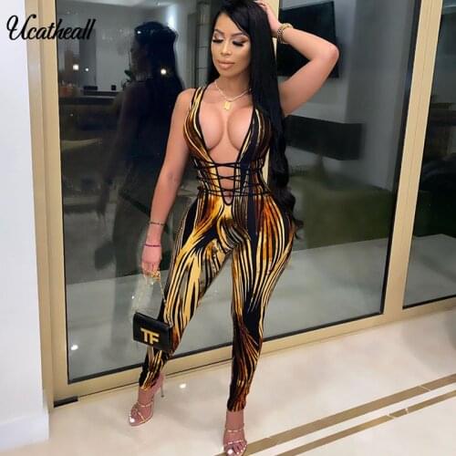 Skinny Deep V Lace-up Women Print Overalls Sleeveless Bodycon Jumpsuits Sexy Streetwear Low Cut Femme Rompers