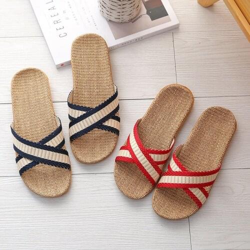 Wholesale Mens Linen Slippers Male Flax Slides Indoor Bathroom Home Shoes Womens/Man Cross Stripes Flip Flops Couple Sandals