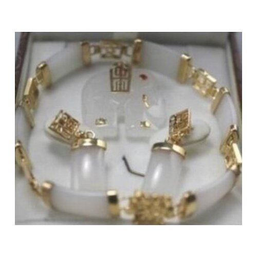 7.5"black white jade Elephant pendant bracelet earring set AAA