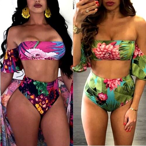 2021 New Women High Waist Swimwear Bikini Set Push-up Padded Bra Off Shoulder Floral Bathing Suit Swimsuit Brazilian Bikini