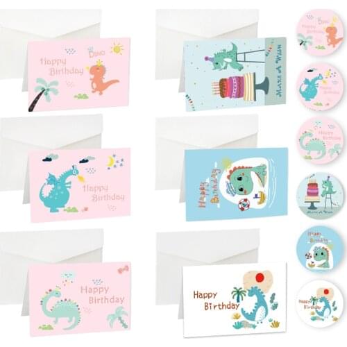 6sets Cute Dinosaur Birthday Cards Creative Assorted Cartoon Cake Greeting Cards with Envelope Sticker Invitation Gift Postcard