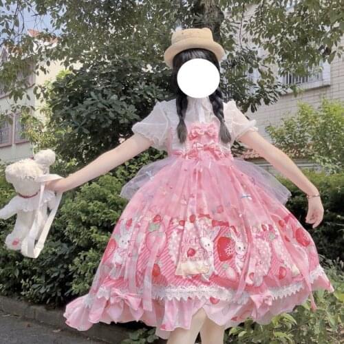 Japanese Lolita Jsk Dress Picnic Bunny Print Kawaii Sling Dress Gothic Tea Party Fairy Summer Lolita Baby Doll Dresses For Woman