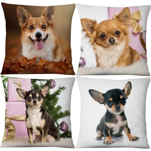 Lovely Chihuahua Dog Throw Pillow Cases 45X45cm Pet Favor Beige Linen Cushion Cover Sofa Bedroom Decoration
