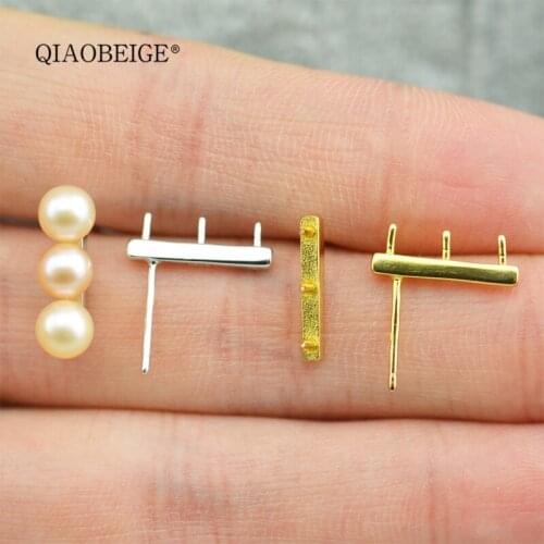 QIAOBEIGE fine jewelry diy earrings stick on 3 round pearls real 925 sterling silver vertical balance beam OL style women gift