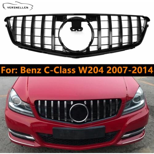 GT GTR Grille Glossy Black & Chrome Grill for Mercedes Benz W204 2007-2014 C180 C200 C250 C300 Car Front Bumper Grille Mesh