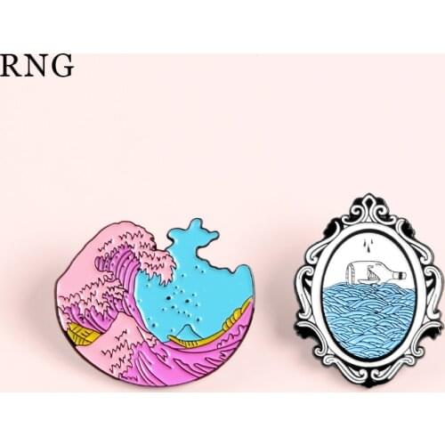 RNG pink blue wave fragments black and white mirror fantasy drifting bottle boat design metal Brooch backpack shirt pin