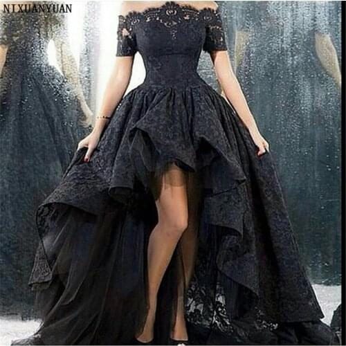 Wedding Dress Short Front Long Back Strapless A-line Floor Length Black Lace Wedding Gown
