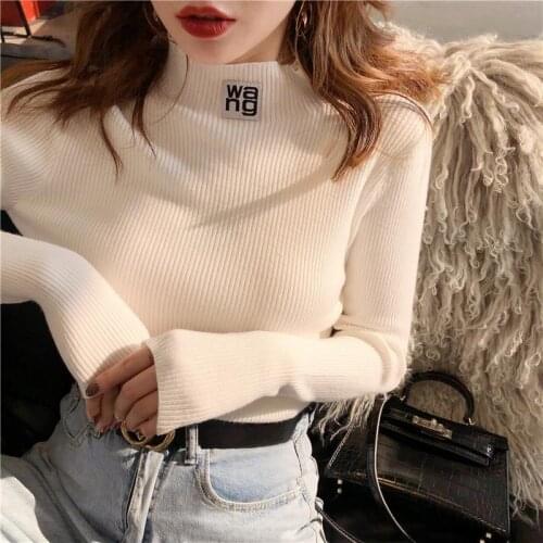 Solid Half Turtleneck Pullover Sweaters Women Autumn Winter Letter Appliques Slim Sweater New Pull Elastic Female Jumper Fashion