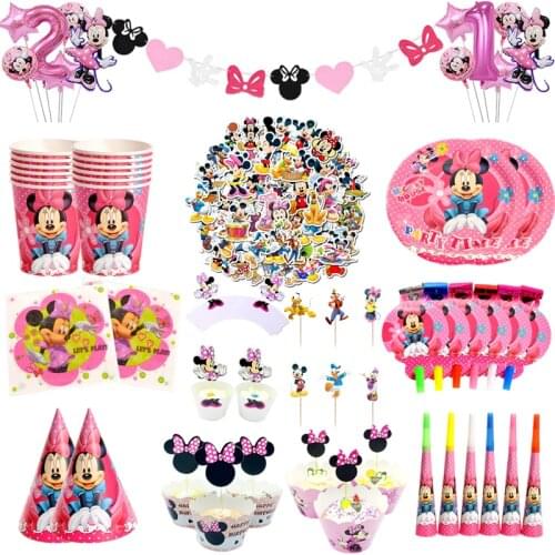 Minnie Mouse Theme Disposable Tableware Set Paper Cup Plate Cap Bag Kids Girl Birthday Party Decoration Baby Shower Supplie