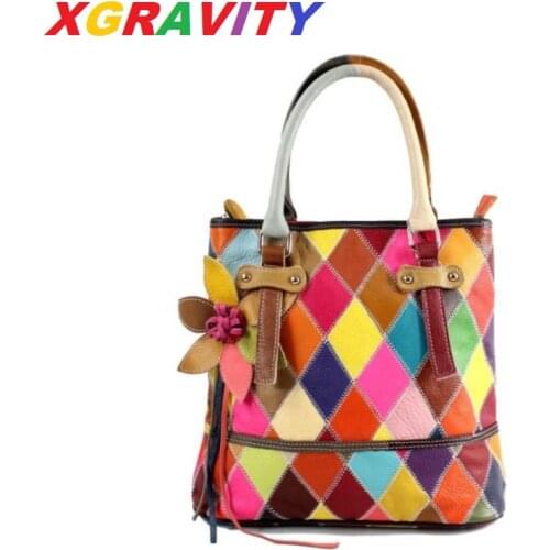 XGRAVITY Luxury Plaid Floral Square Genuine Leather Fashion Bags Lady Colorful Mix Color Shoulder Bags Mix Color Female Handbags