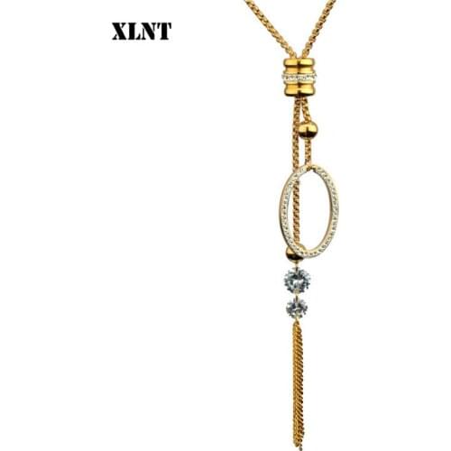 XLNT High Quality Fashion Metal Gold Long Tassel Rhinestone Crystal Long Chain Necklace Sweater Patry Stainless Necklace Jewelry