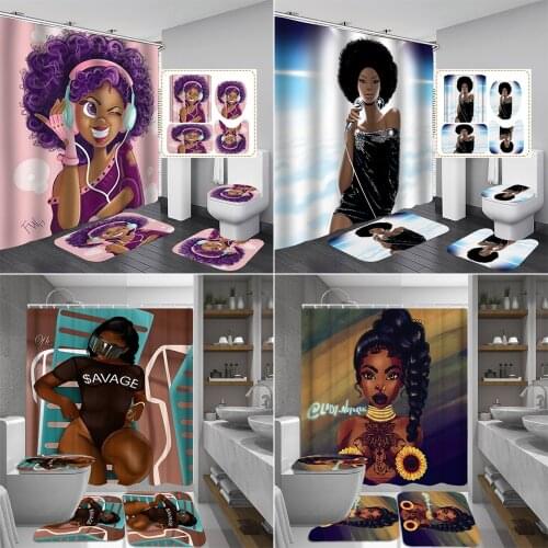 Sexy Girl African Shower Curtain Singer Loli with Headphones Bathroom Curtains Toilet Cover Bath Mat Non-Slip Rug Set Home Decor