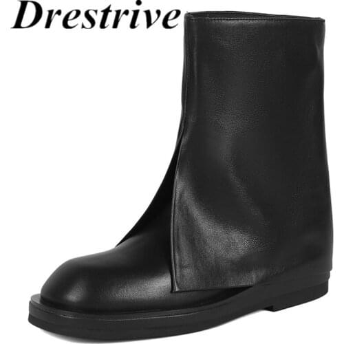 Drestrive Round Toe 2021 Autumn Fashion Shoes Black Women Ankle Boots Full Genuine Leather Thick Low Heels Platform