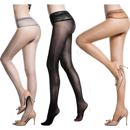 Womens Lace Top Seamless Oil Shiny Pantyhose See-through Floral Waistband Glossy Tights Stockings Nylons Sexy Lingerie