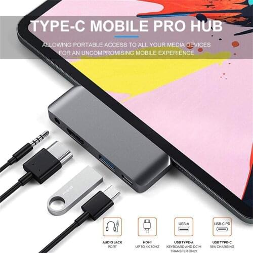 RAYROW USB Type-C Mobile Pro Hub Adapter For iPad Pro 2018 2020 iPad Air 4, 6 in 1 3.5mm Headphone Jack HDMI-compatible Charging