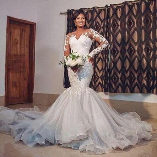 African Mermaid Wedding Dresses Sheer Neck Illusion Long Sleeves Bridal Gowns Lace Appliqued Tulle Court Train Vestidos De Novia