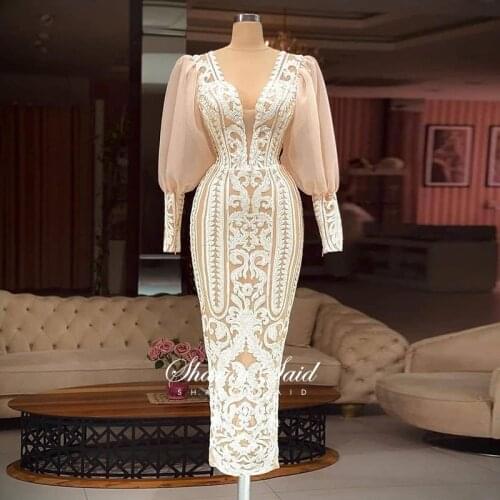 Arabic Midi Mermaid Evening Dresses Long Sleeve Ankle Length Muslim Dubai Formal Dress Plus Size Women Wedding Party Prom Gowns