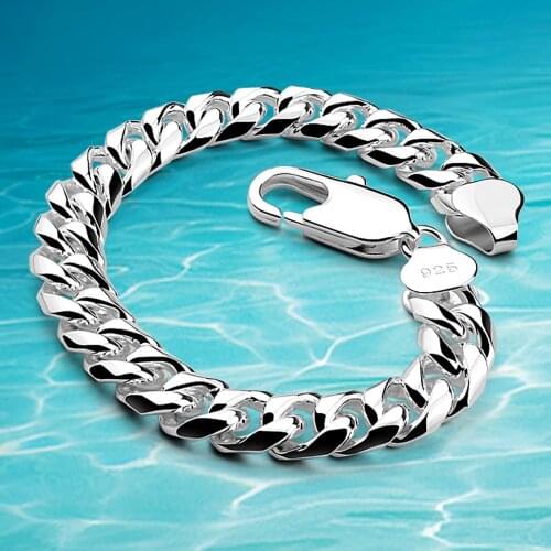 New Genuine 100% 925 Sterling Silver Bracelet Bangle For Men Fashion 10MM 8-inch Cuban Chain Bracelet Male Jewelry Gift