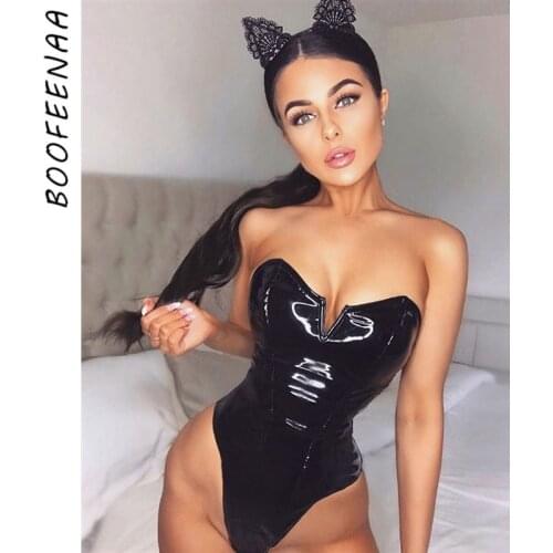 BOOFEENAA Black Latex Leather V Neck Backless Sexy Bodysuit Women Clothes Gothic Strapless Bodysuits Club Party C83-AA01