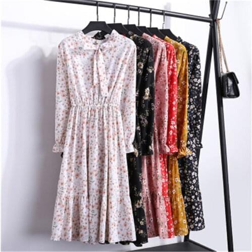 Long Women Dress Vintage Elegant Bow Collar Shirt Dress 2021 Big Size New Ladies Long Sleeve Autumn Winter Casual Dresses 90