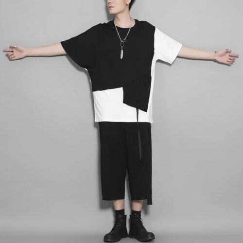 Summer Dark Harbor Style personality black-and-white Color Irregular splice leisure short-sleeved t-shirt male fashion card