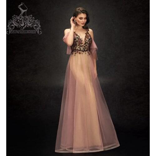 Classic Colorful Floral Ruffles Tulle Evening Gowns Spaghetti Strap Blush Pink Mesh Evening Dresses Floor Length Party Dress