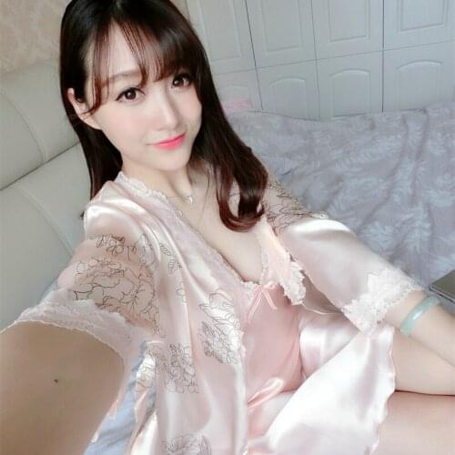 Summer Style Sexy womens Nightwear Set Free Shipping 2016 Silk Satin Embroidery Flower Robe Set Nightdress + Bathrobe Set Hot