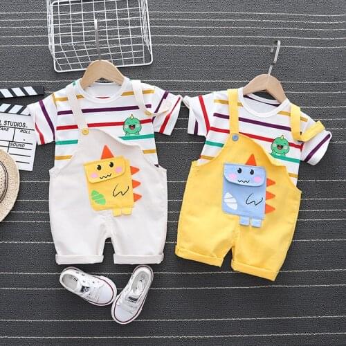 New Baby Boy Cute Cartoon Clothing Sets Newborn Girl Clothes Shorts Sleeve Stripe Tops+Overalls 2PCS Sets Summer Infant Clothing