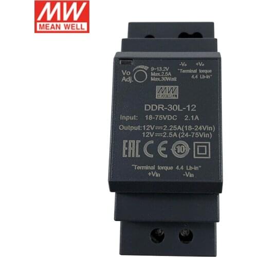 MEAN WELL DDR-30L-12 DIN Rail DC-DC Converter Input 18-75V DC to 12V DC 2.5A 30W meanwell Power Supply(24V/36V/48Vdc to 12Vdc)