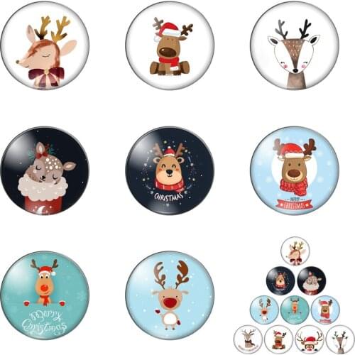 Fashion Merry Chirstmas Cute Deer Painting 12mm/20mm/25mm/30mm Round Photo Glass Cabochon Demo Flat Back Making Findings