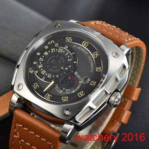 47.5mm Parnis Sapphire Mens Automatic Watch Japan Miyota 8217 Black PVD Square Watch Black Face Leather Band Date New Arrival