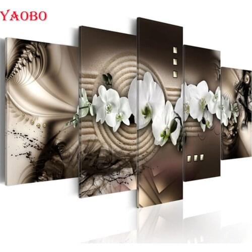 Full square Diy 5D Diamond painting Cross stitch Kit Orchids Flowers Diamond Embroidery 5 pcs/set Diamond mosaic Crafts sewing