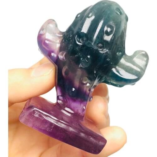 Natural Rainbow Fluorite Carving Crystal Stone Cactus Quartz Figurine Healing Crystals Feng Shui Aesthetic Room Decor Art Gift