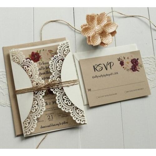 Off White Lace Wedding Invitations Set RSVP Cards Included Rustic Kraft Paper Invitation Cards - Set of 50 pcs