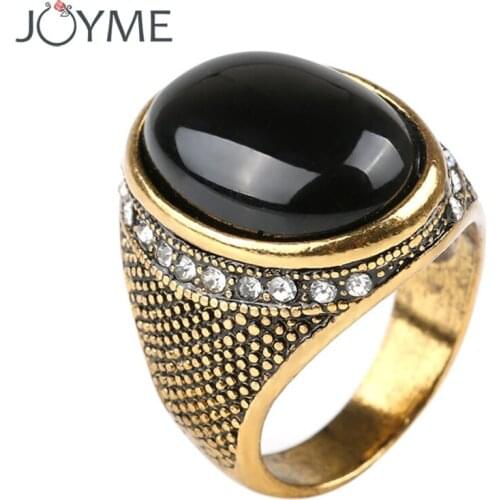 New 2018 Wholesale Punk Oval Gold-Color Smart Antique Men Ring Black Jewelry Bijoux Bague Resin Crystal Cheap Rings