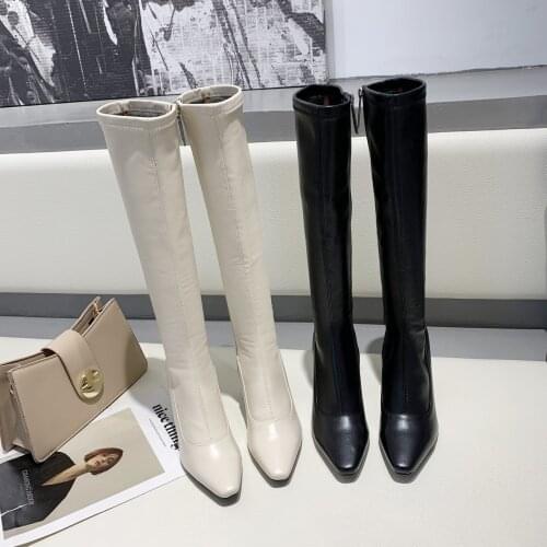 2021 Women New Pointed Toe High Heels Long Boots Winter Warm Short Plush Knee High Booties Side Zipper Pu Leather Boots Female
