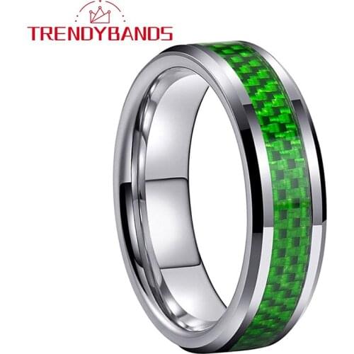6MM Green Carbon Fiber Inlay Tungsten Carbide Rings For Men Women Beveled Edges