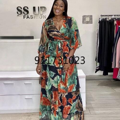 African Dresses for Women 2021 Summer African Women Printing V-neck Short Sleeve Long Dress African Clothes Maxi Dress