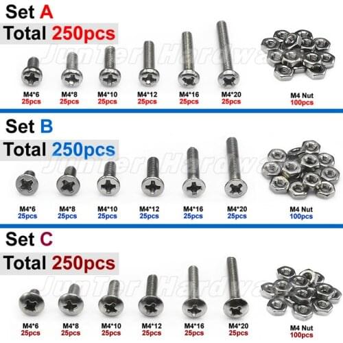 Practical 250pcs M4 A2 Stainless Steel Screws Phillips Pan Flat Truss Head Machine Screws With Hex Nuts Set combination