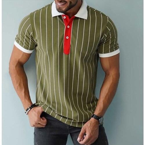 Summer Loose Men Slim Striped Polo Shirt Casual Mens Business Turn-Down Shirts Fashion Autumn Button Short Sleeve Tops Pullover