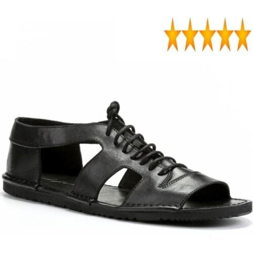 Casual Rome Mens Shoes Summer Designer Black Slides England Retro Lace Up Real Leather Gladiator Open Toe Beach Sandals